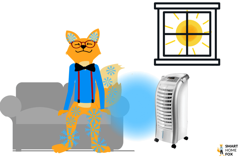 Эксперт Smart Home Fox сидит на диване, а система кондиционирования без воздуховода охлаждает его кожу с помощью влажности и испарительного охлаждения.
